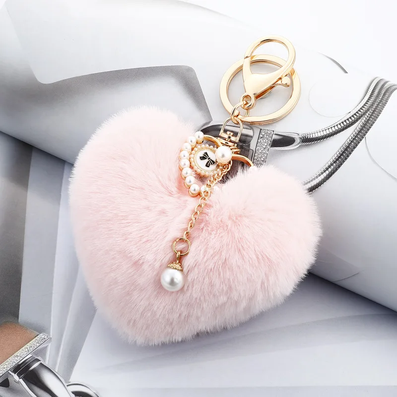 

Autumn Winter love Imitation Rabbit Hair KeychainS Pearl Peach Heart Bag Key Ring Plush Accessories Woolly Ball Car Key Pendant