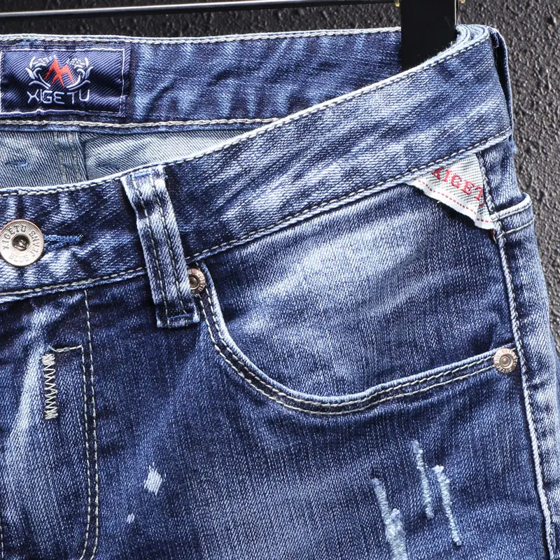 Italian Style Fashion Men Jeans High Quality Retro Blue Slim Fit Ripped Jeans Men Frayed Hole Splashed Designer Denim Pants