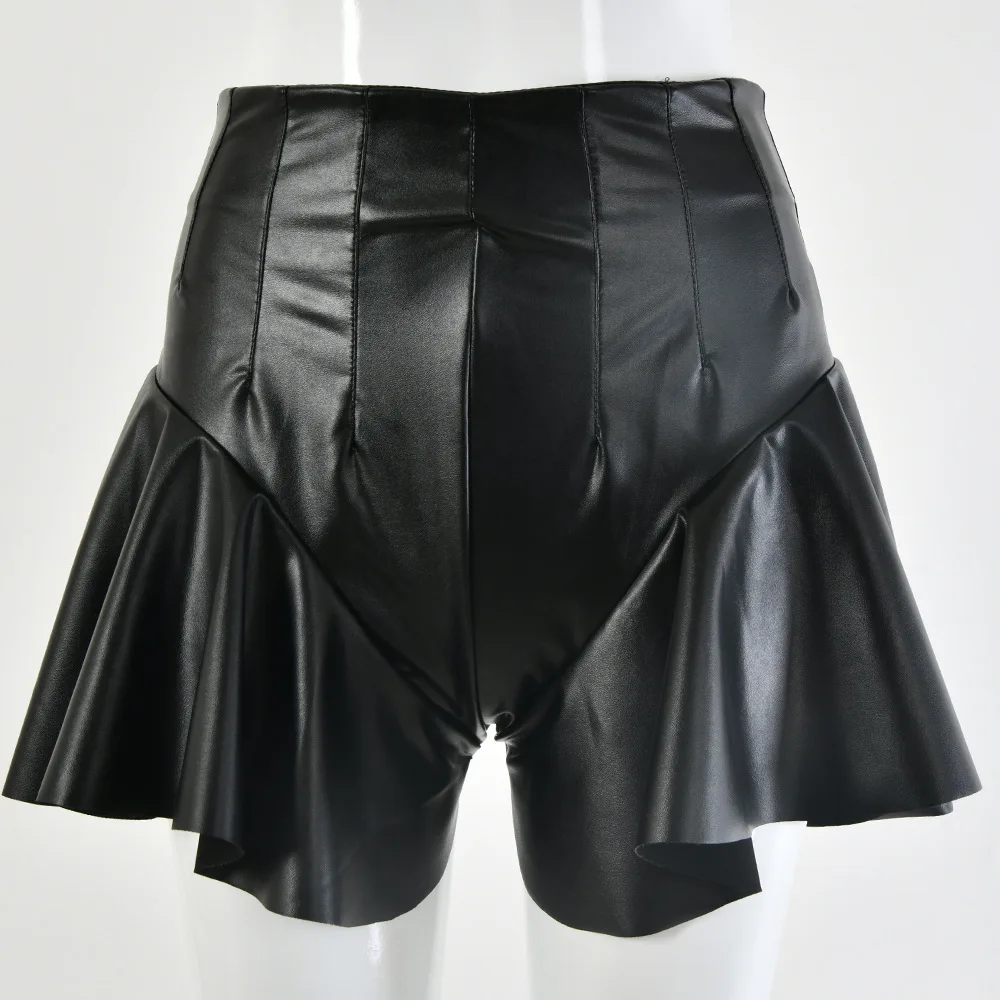 

2021 Summer Women Ruffles PU Leather Shorts Sexy Club Party High Waist Loose Wide Shorts Black Zip Pleated Gothic Short Feminino