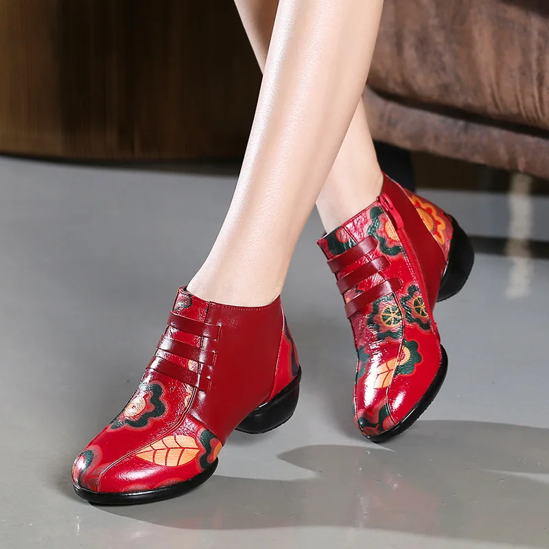 

BEYARNE Brand Shoes Woman Shoes 2020 New Autumn Soft Comfort Fashion Shoes Dance Printing Real Leather Shoes Ankle Boots Flats