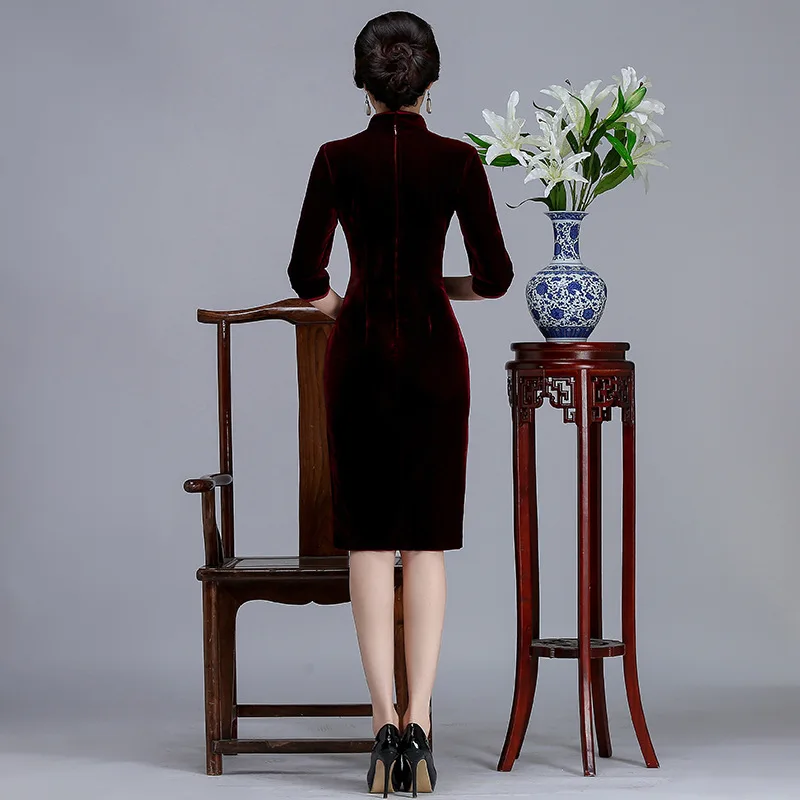 Платье Чонсам для мамы Золотое бархатное весеннее платье средней длины длинное