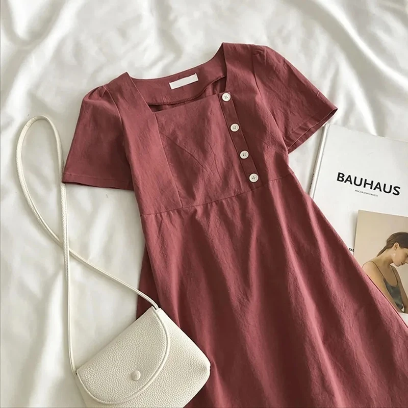 

Summer Harajuku Square Collar Button Dresses For Women 2021 New Short Sleeve A-line Midi Dress Vintage Slim Preppy Women Dresses