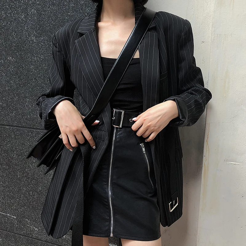 KINOMI Модный Полосатый Женский блейзер с поясом и зубчатым длинным рукавом Черная