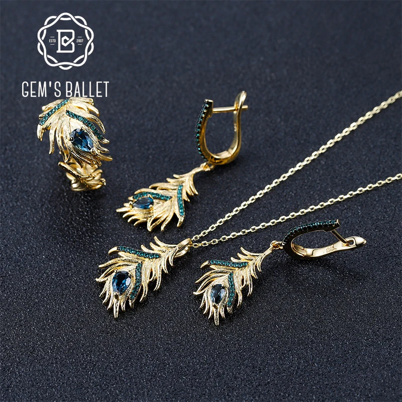 

Женский Ювелирный Комплект GEM'S балет из стерлингового серебра 925 пробы, цыганский, Богемия, серьги и кольцо с подвеской из натурального лонд...
