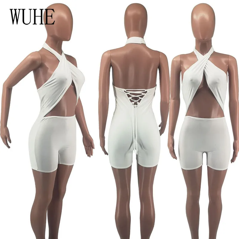 

WUHE Summer Womens Jumpsuits and Rompers Bodycon Sexy Criss Cross Halter Playsuit Solid Hollow Out Backless Party Club Outfits