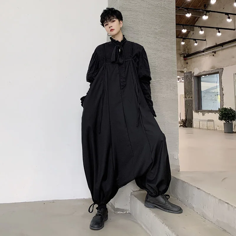 

Men Loose Casua Bib Cross Pants Overalls Male Japan Retro Fashion Streetstyle Loose Harem Pant Jumpsuit