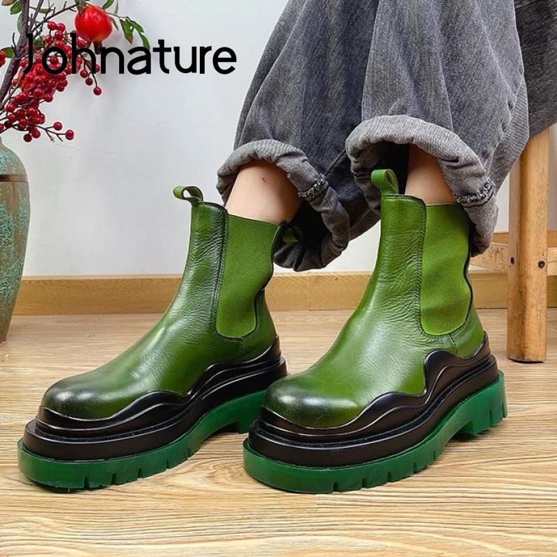 

Женские ботильоны из натуральной кожи Johnature, ботинки ручной работы на платформе с круглым носком, разные цвета, обувь для отдыха, для зимы, 2021