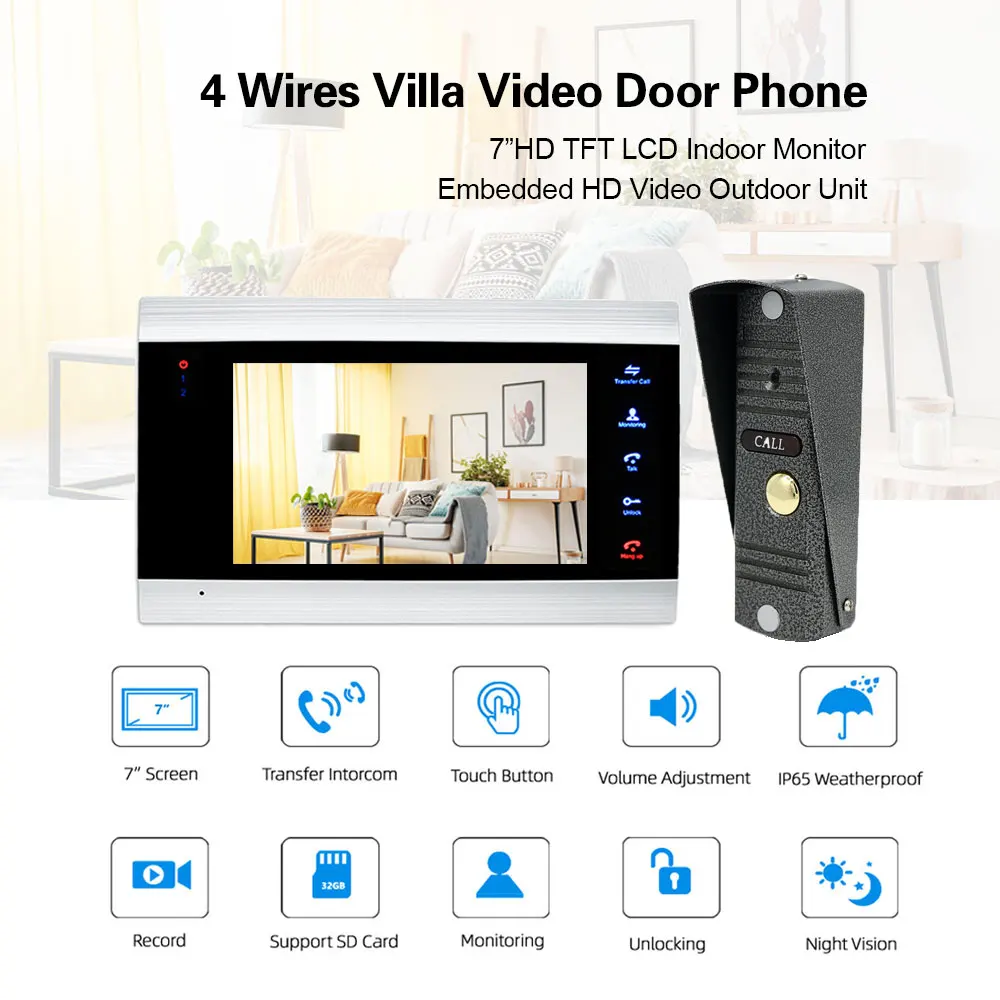 Проводная видеодомофонная система высокого разрешения 7 дюймов TFT с
