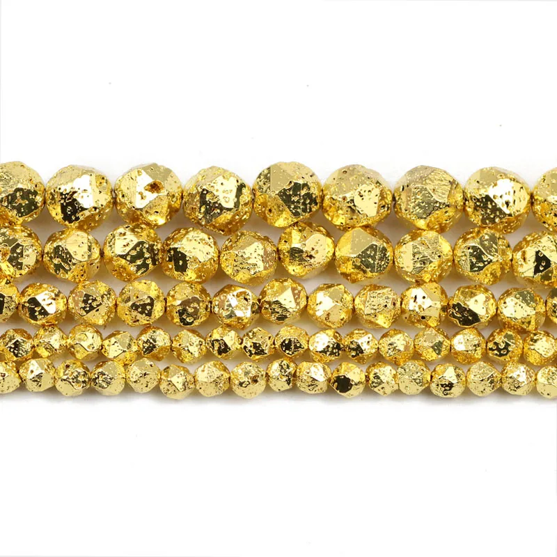 

JHNBY Gold Faceted Round Volcanics Lava Natural Stone 6/8/10/12mm Spacers Loose Beads For Jewelry Making DIY Bracelets Pendant