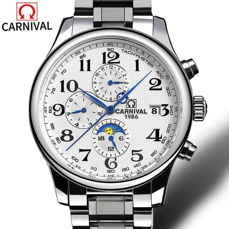 Carnival Brand Fashion Watch Men Luxury Moon Phase Automatic Mechanical Military Wristwatches Waterproof Clock Relogio Masculino