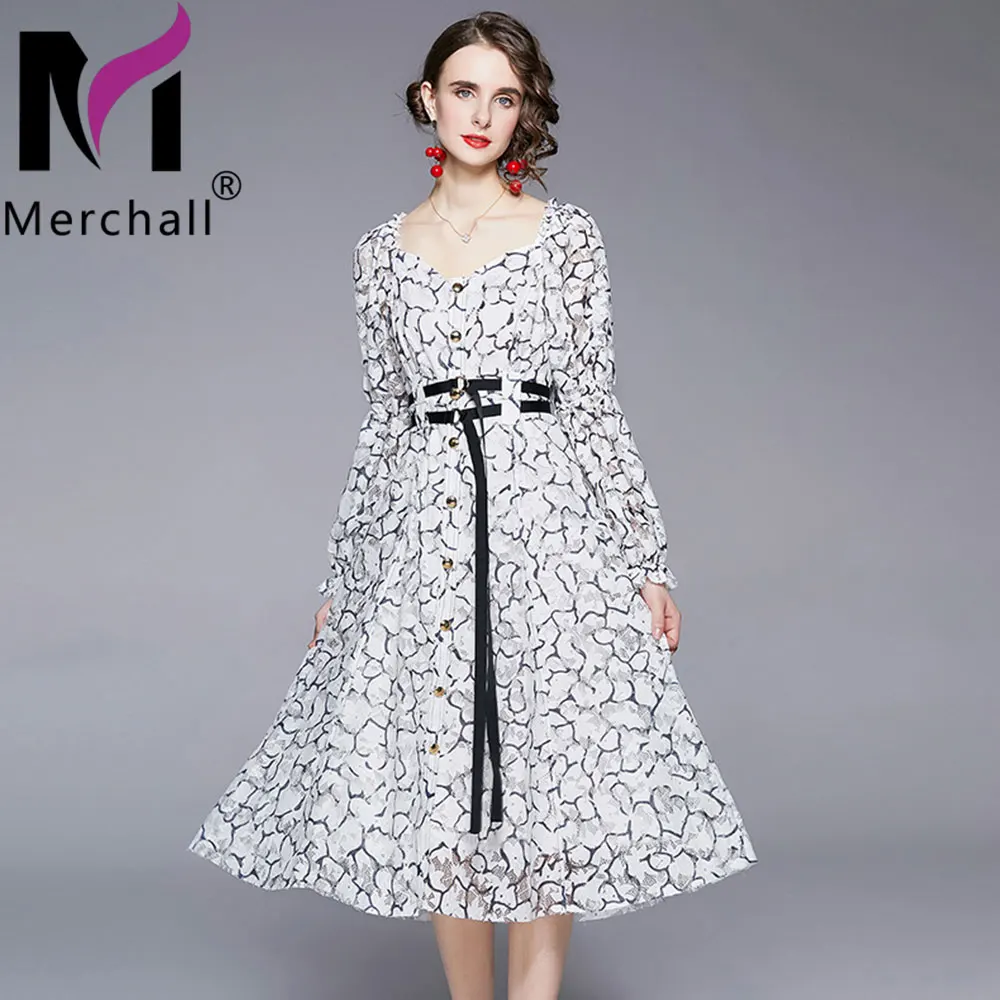 

2021 Runway Designer Autumn Lace Dress Office Lady V Neck Lantern Sleeve Sexy Backless A Line Midi Party Dress Vestidos M66215