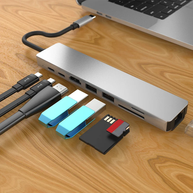 8 в 1 USB 3 0 Высокоскоростные порты Type-C концентратор Usb-C до 4K 30HZ HD ноутбук Rj45 Gigabit Ethernet