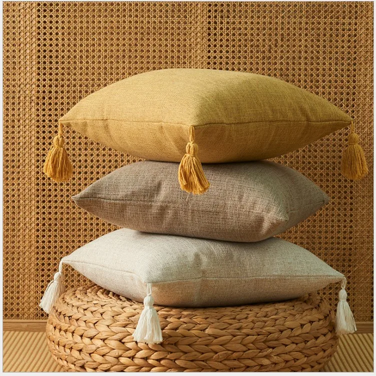 

Solid Plain Linen Cotton Pillow Cover With Tassels Yellow Beige Home Decor Cushion Cover 45x45cm Pillow Case Sofa Throw Pillow