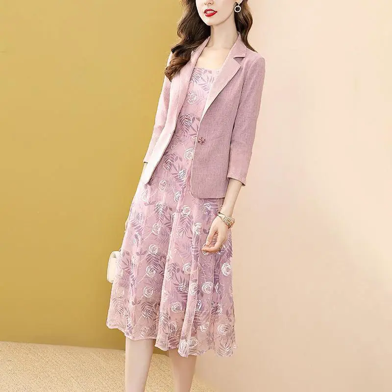 

2021 New Spring Autumn Two Piece Sets Women Dress+Suits Casual Loose Elegant Long Sleeve Printing Dresses Suit Coat
