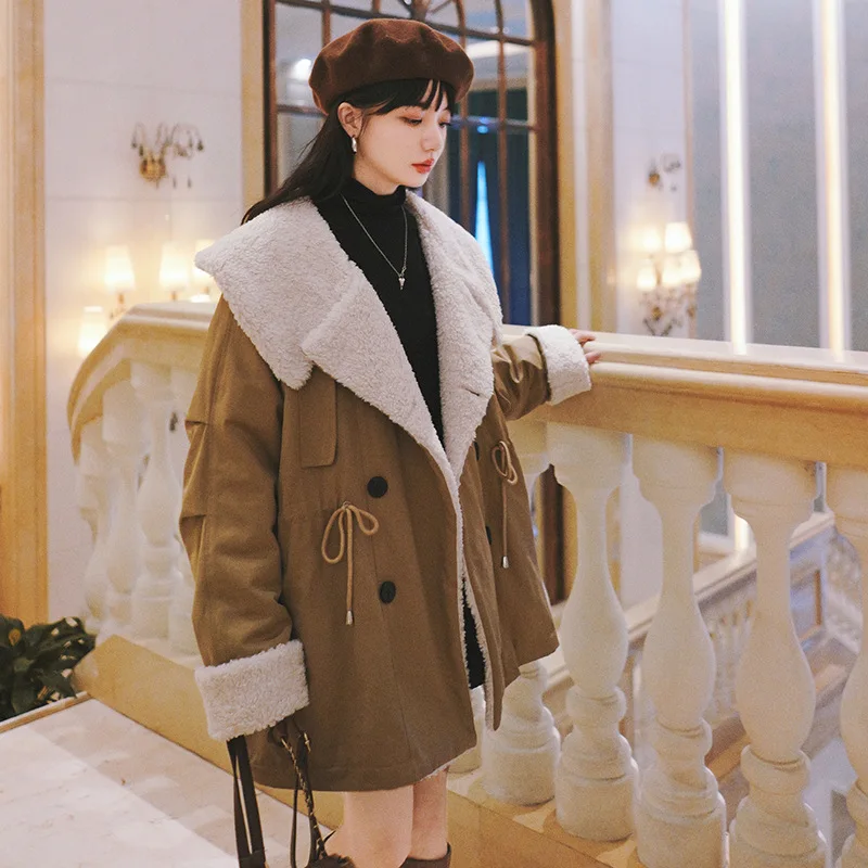 New Mid-length Large Lapel Lamb Wool Coat Tooling Parker Coat Plus Velvet Korean Loose Cotton Coat Women
