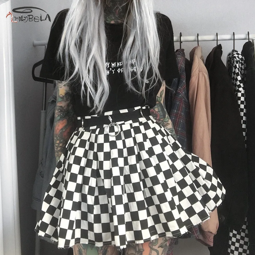 Imily Готическая Шахматная мини-юбка женская Повседневная Высокая талия с поясом