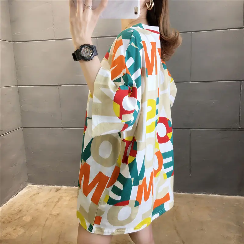 

Women T Shirt 2021 Korean Summer O Neck Letter Print Preppy Style Women's Top Short Sleeve Straight Oversized T Shirt