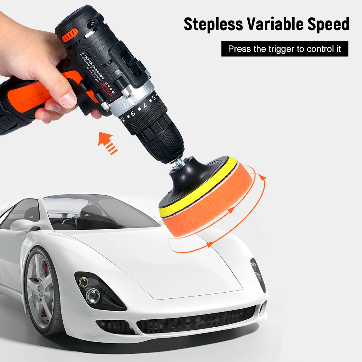 

12V Cordless Drill / Driver Kit 1400rpm Variable Speed Polisher Car Buffer Waxer UK/US/EU Set Sanding Sponges