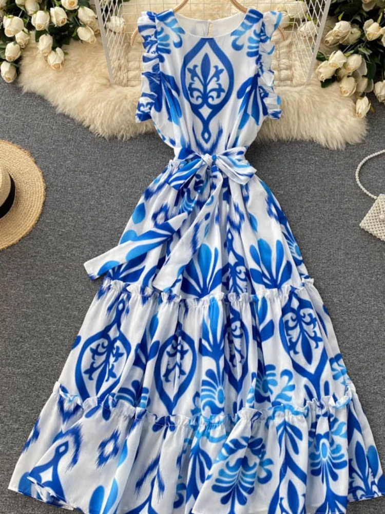 

Aibeautyer New Summer Casual Floral Print Sleeveless Lady Dress A Line O Neck Chiffon Pullover Mid-calf Women Dresses