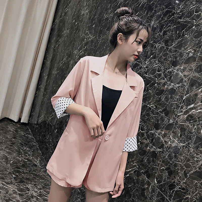 pink Корейский стиль керлинг волна длинный рукав шифон костюм куртка Женская высокая талия повседневные шорты из двух частей - Цвет: pink