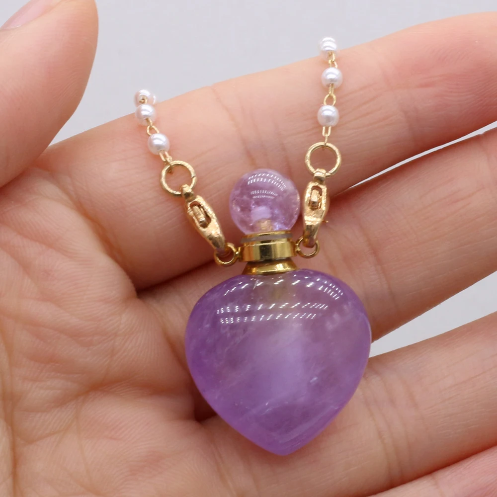 

Natural Stone Amethysts Heart Shape Perfume Bottle Pendant Necklace Elegant Women Essential Oil Vial Jewelry for Wedding Gift
