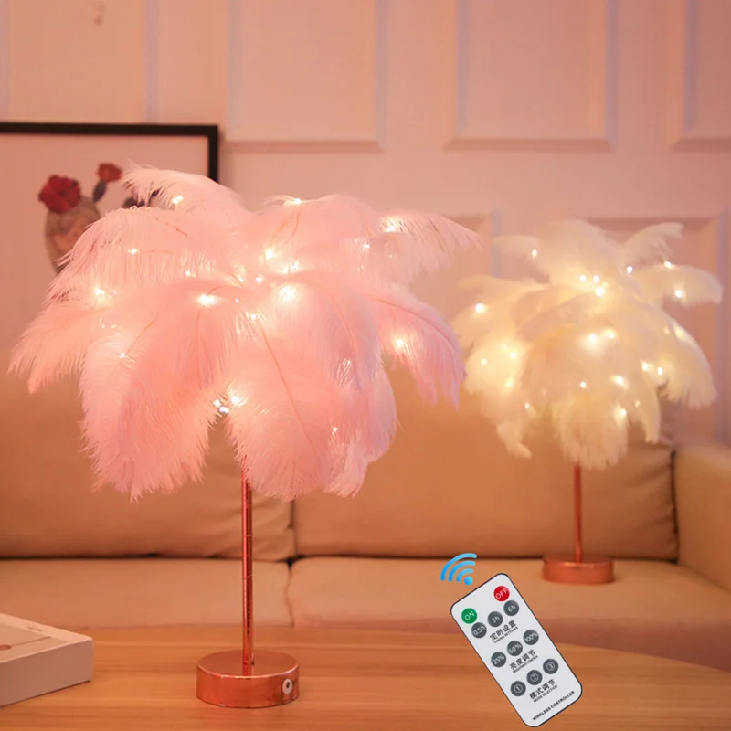 

Романтическая креативная Настольная лампа с перьями и дистанционным управлением, теплый светильник, абажур с перьями дерева светодиодный ...