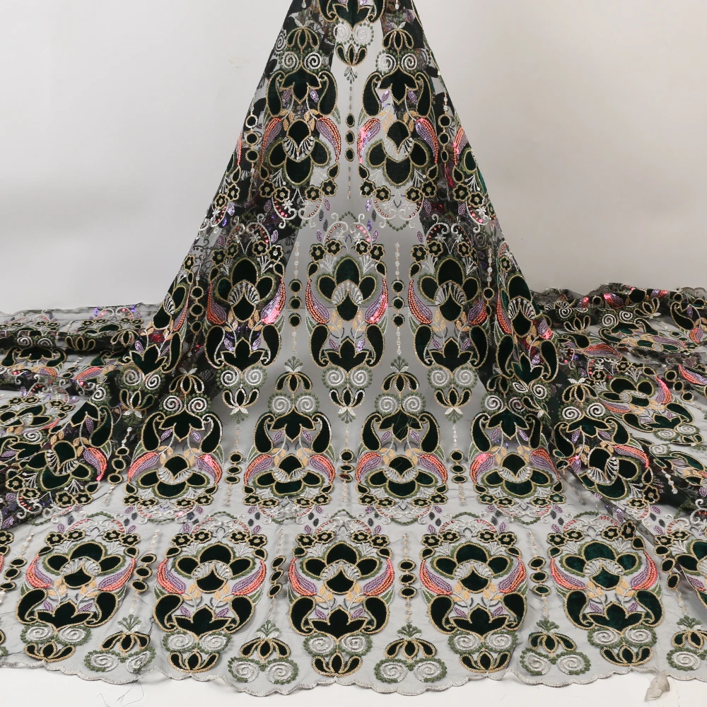 

Unique Velvet African French Net Lace Fabric With Sequins Hot sale Tulle Net Embroidery Lace For Wedding Dress QF3668B