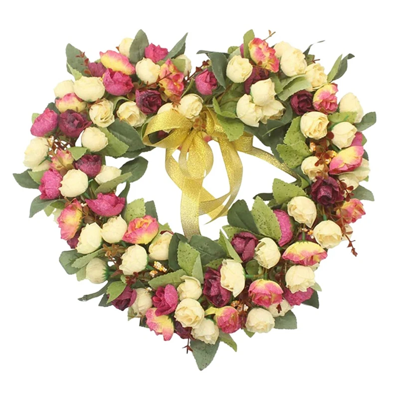 

Artificial Rose Flower Wreath Handmade Heart-Shaped Door Wreath for Front Door Wall Window Wedding Party Home Decor
