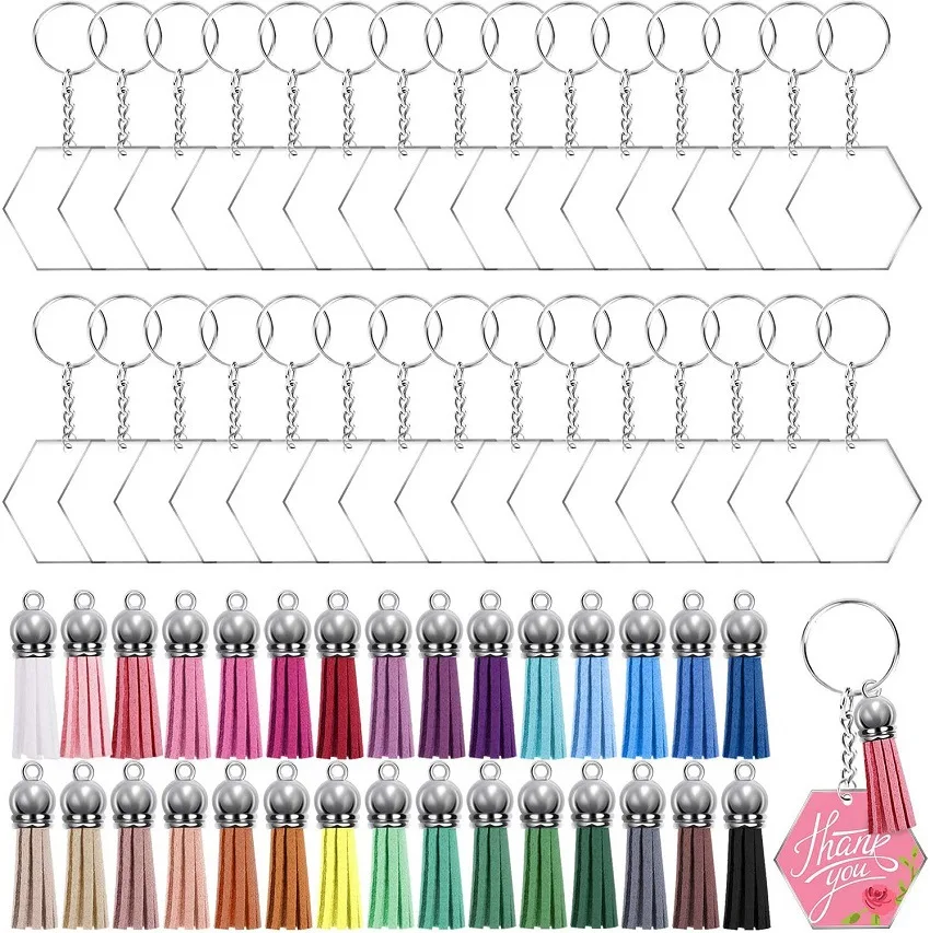 

30set/120pcs Acrylic Clear Circle Blanks Keychain Tassels Set Acrylic Circle Keyring Tassels Jump Rings For Jewelry DIY Keychai
