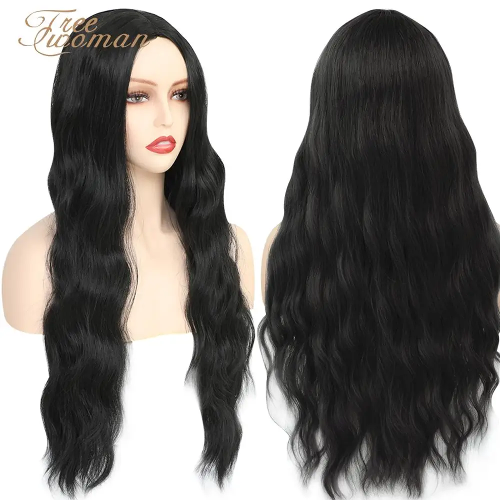 

FREEWOMAN Blue Long Fashion Synthetic Wigs for Women Curly Wavy Side Part Heat Resistant Natural Looking Wig with Free Wig Cap