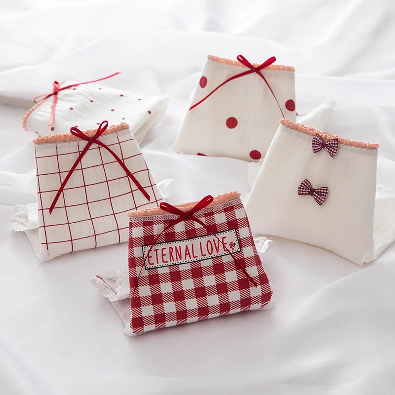 Трусики женские хлопковые в клетку модные пикантные кружевные трусики горошек