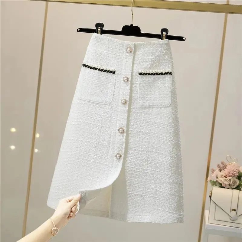 

Autumn Winter Small Fragrance Wind Bright Silk Skirt female Mid-lengt High-waist Woolen A-line Package Hip Skirt Tweed Long Ski