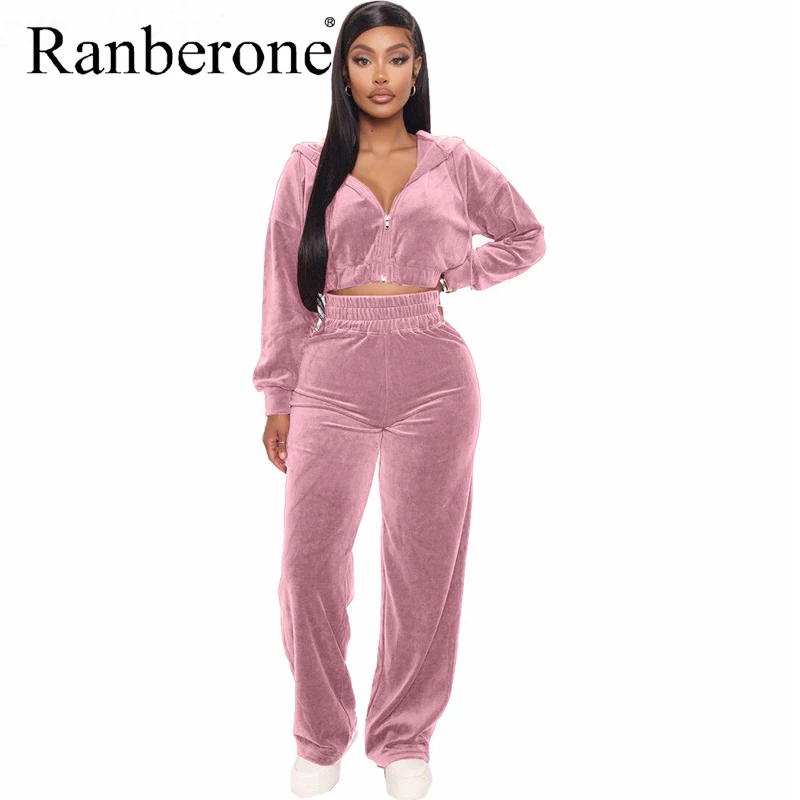 

Ranberone Velvet Tracksuit Women 2 Two Piece Set Zipper Hoodie Sweatshirt Wide Leg Pant Sweat Suits Jogging Sport Suit Female