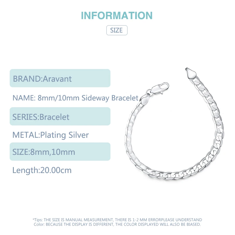 925 Silver Bracelets 8MM 10MM Flat Link Chain Women Men Wedding Fashion Jewelry | Украшения и аксессуары