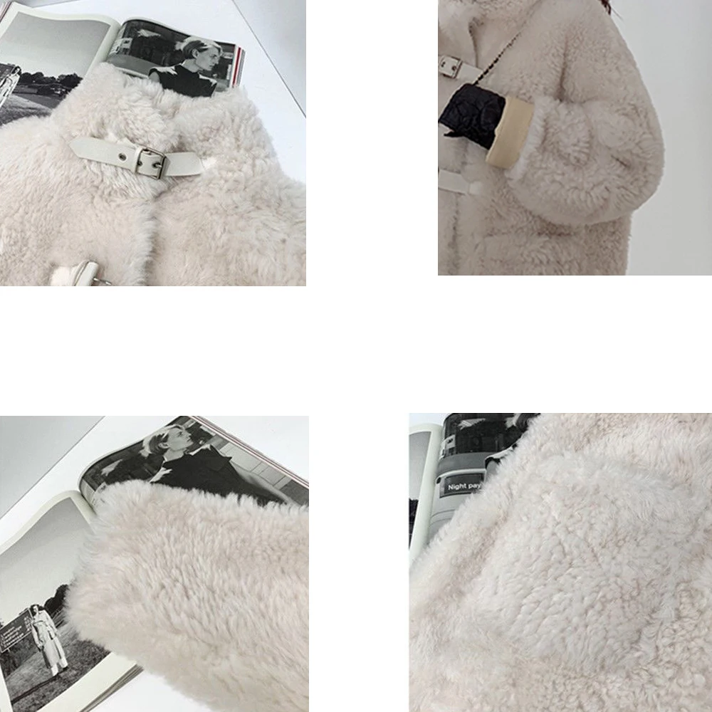 

Medium Winter Warm Faux Fox Fur Lambwool Women Causal Turn-down Collar Outwear Plus Size Big Pocket Fake Sheep Fur Outwear