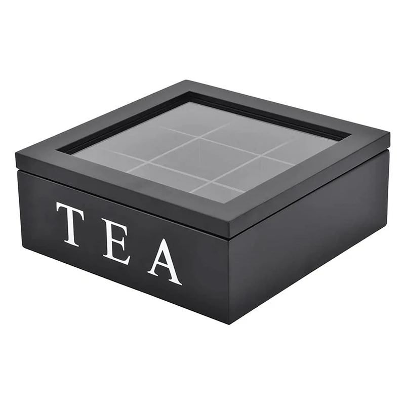 

9 Cells Wooden Storage Box with Visible Lid for Tea Bag Jewelry Coffee Retro Style 23*23*9CM BDF99