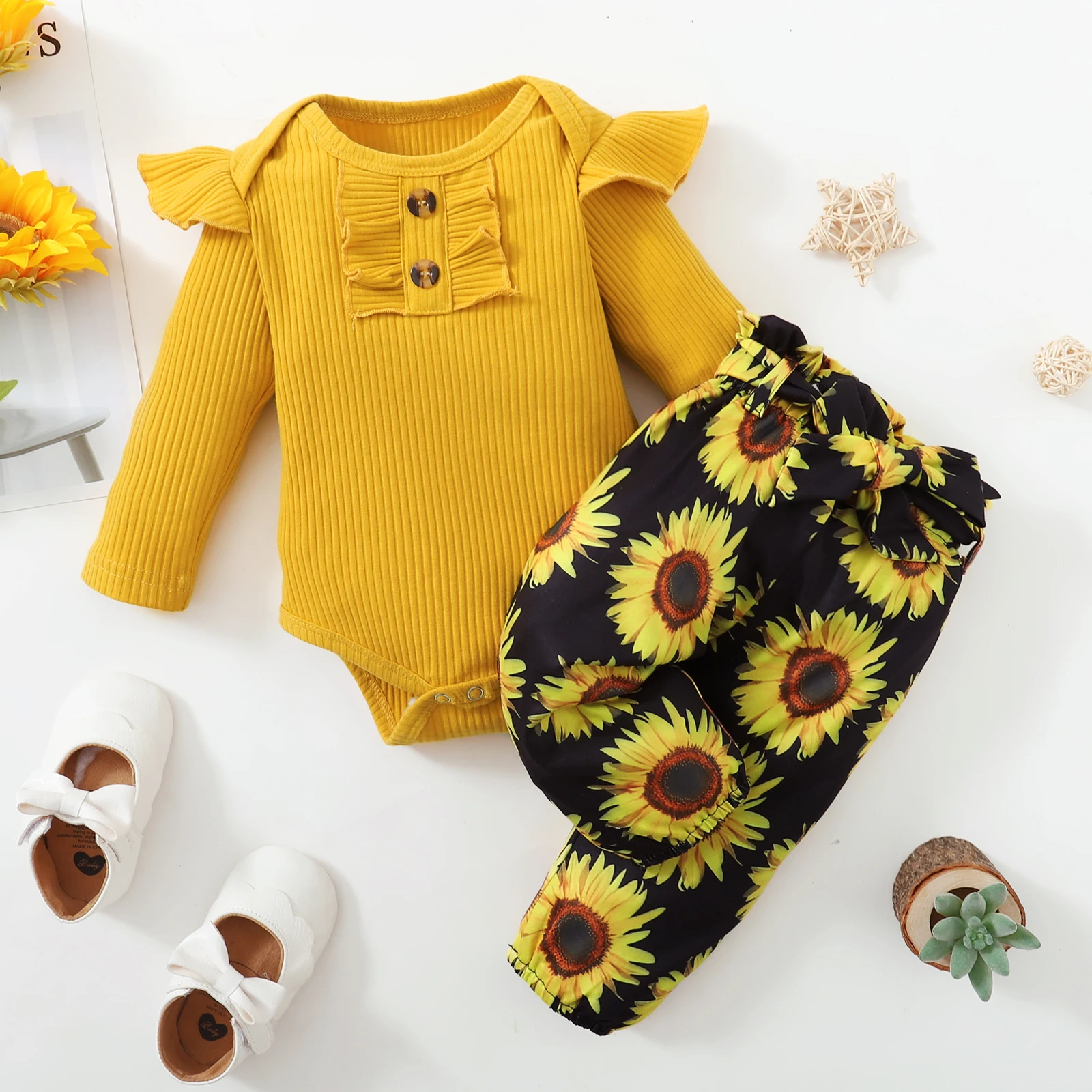 

Newborn Baby Girl Clothes Sets Infant Outfit Sunflower Floral Ruffles Romper Top Pants Fall Spring For New Born Toddler Clothing