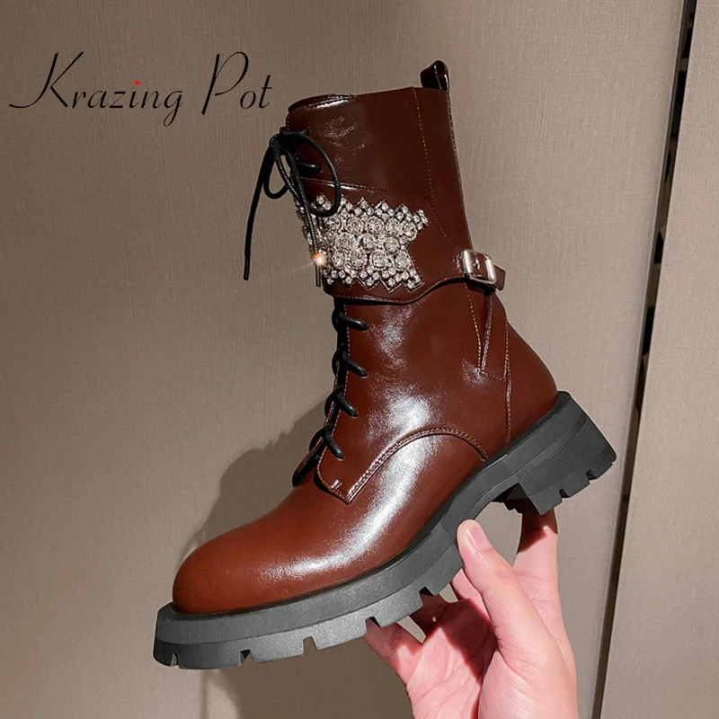 

Lenkisen new genuine leather high quality round toe med heel rhinestone pretty girls dating sweet fashion mid-calf boots L51