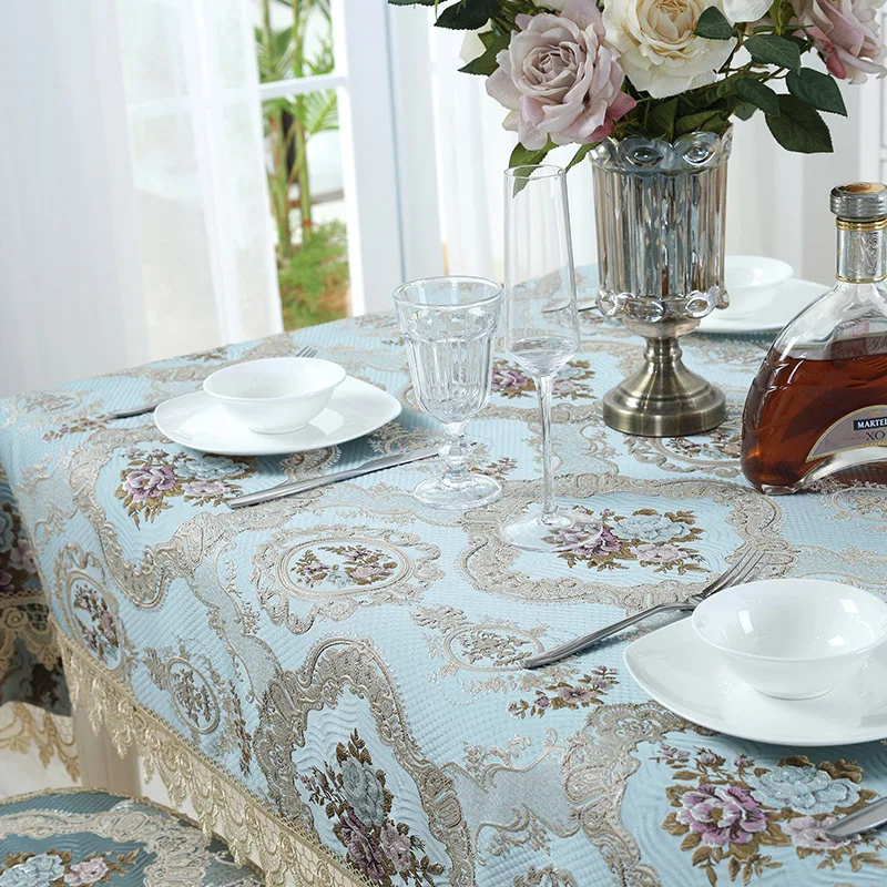 

Table Cover Blue Europe Luxury Embroidered Tablecloth Table Dining Table Cloth Jacquard Thicken Lace Fabric Coffee Chair Cushion