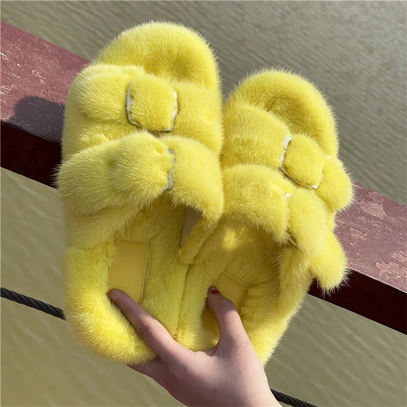 

New Style Ladies Slippers Mink Slippers Fluffy And Warm Fashion Slippers Ladies Indoor Flat Slippers