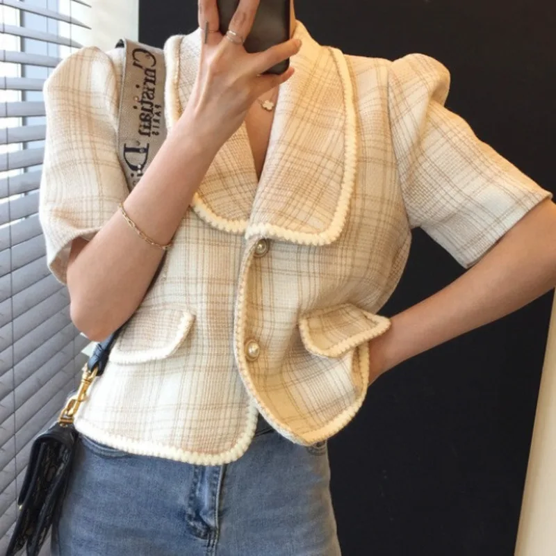 

Vintage Women Jacket 2021 Summer Korean Chic Crop Top Ladies Retro Plaid Cardigan Slim Tweed Jackets Coat Female Woolen Outwear