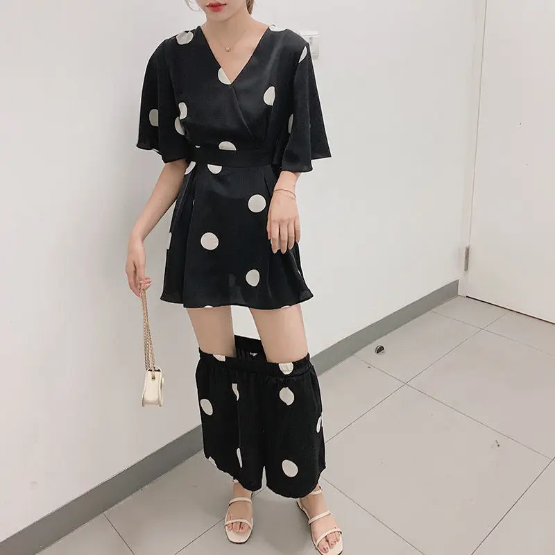 

Short Sets Women Leisure Chiffon Breathable Summer Printing V-neck Sexy Flare Sleeve Loose Bandage Daily Elastic Waist Ulzzang