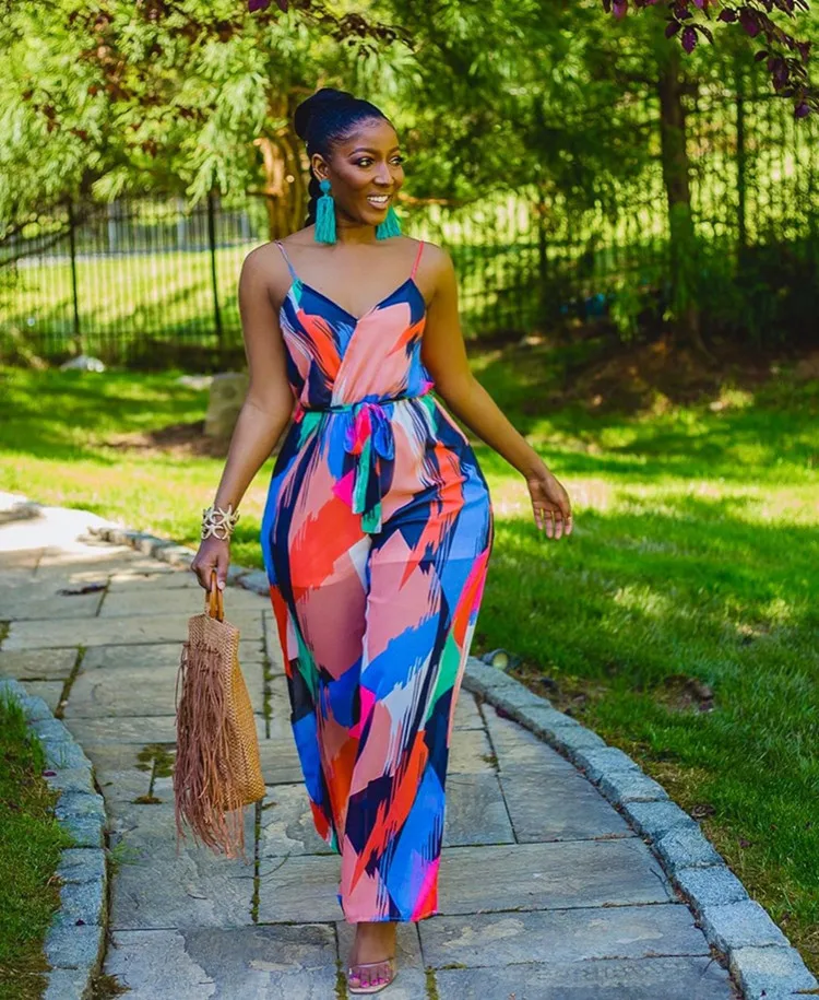 

New sexy casual multicolor printing party Jumpsuit summer fashion deep V-neck sleeveless women's Vest pants