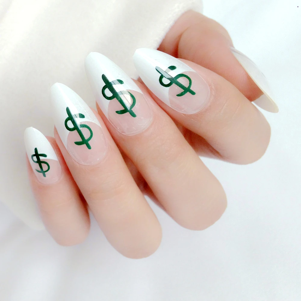 

24Pcs Short Stiletto False Nails With Jelly Glue Dark Green Dollar Sign Press On Artificial Fake Nails DIY Finger Manicure Tool