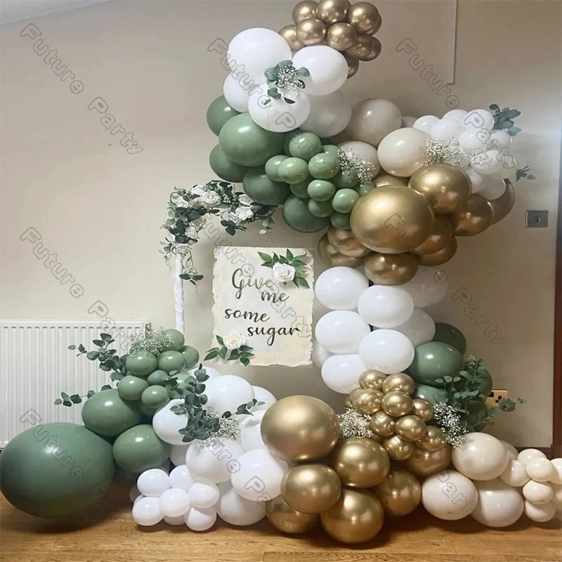 Kit de arco de globos verdes de doble Salvia, guirnalda de oro cromado, decoraci&oacute;n blanca para boda, fiesta de cumplea&ntilde;os, Baby Shower, 135 piezas-0