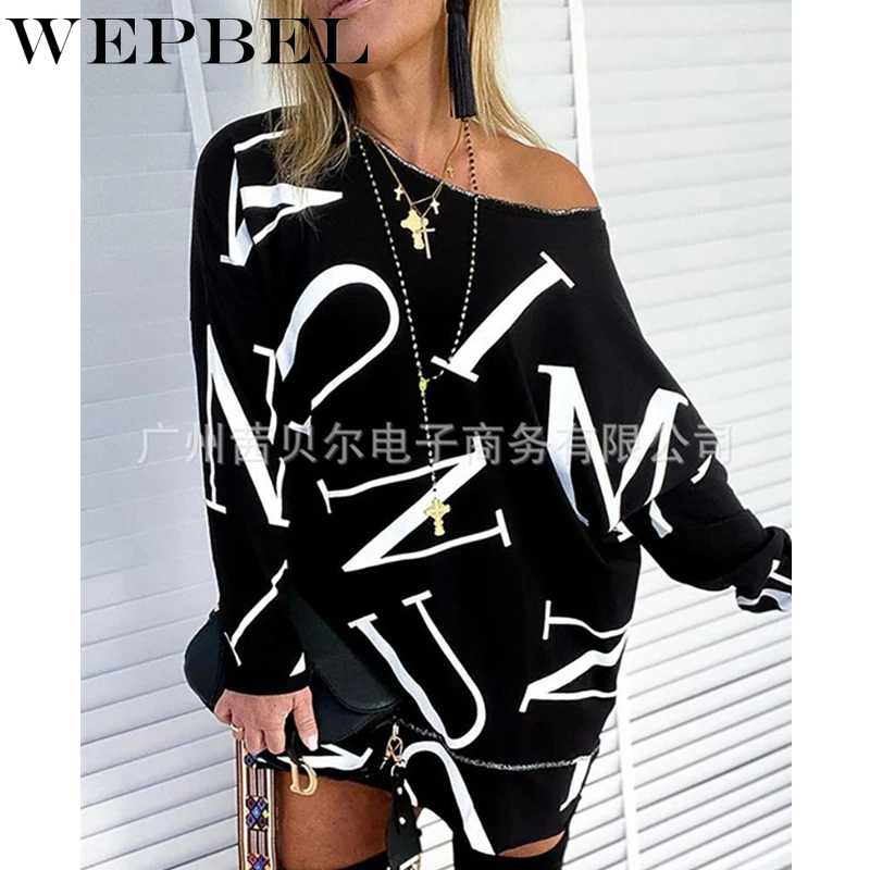 

WEPBEL Women Autumn Loose Hoodies Casual Ladies Long Sleeve Off Shoulder Letter Print Sweatshirt Pullover Top