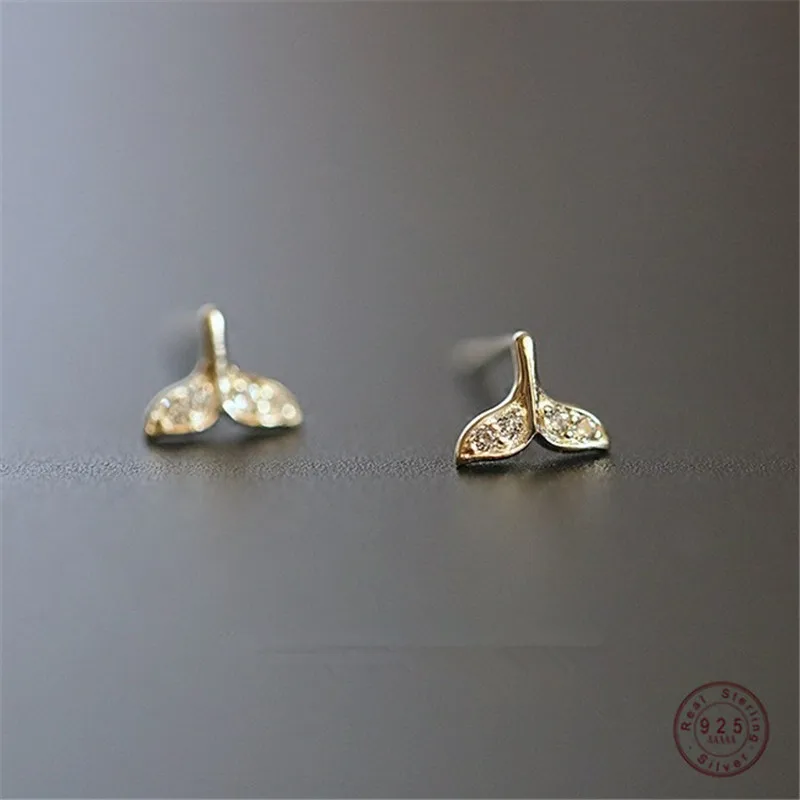 

925 Sterling Silver French Simple Whale Tail Stud earrings Women 14k Gold Plating Crystal Sweet Romantic Birthday Jewelry Gift