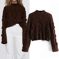 wesay jesi za retro high neck long sleeve female pullovers traf chic top women pullovers flowers cropped cable knit warm sweater