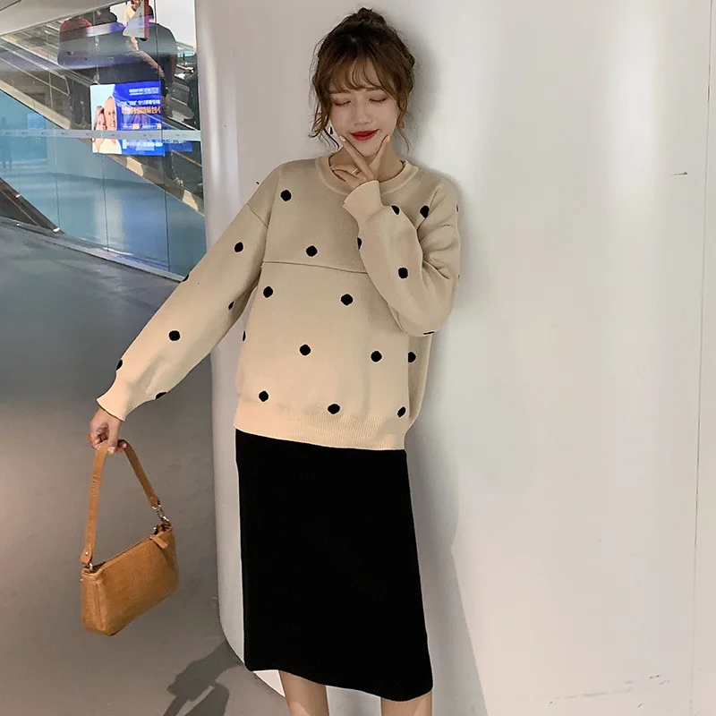 2020 new lactation suit autumn winter dot core spun yarn knitted sweater postpartum feeding top + skirt | Мать и ребенок