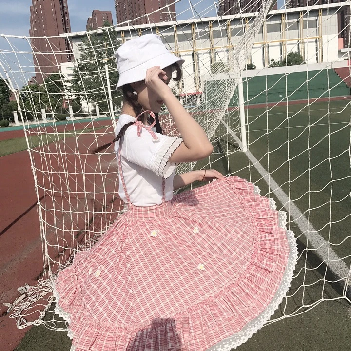 Kawaii Лолита юбка японский стиль 90 подростков мягкая Сестра Дейзи аппликации кружева лоскутное рюшами Сарафан в клетку юбки